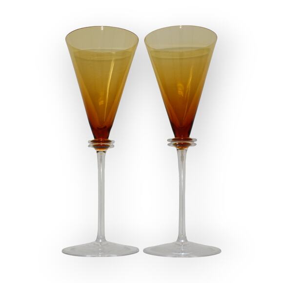 Union Street Glass  2 UnionStreetGlass Amber Wine Stem Goblet USA Signed HandBlown